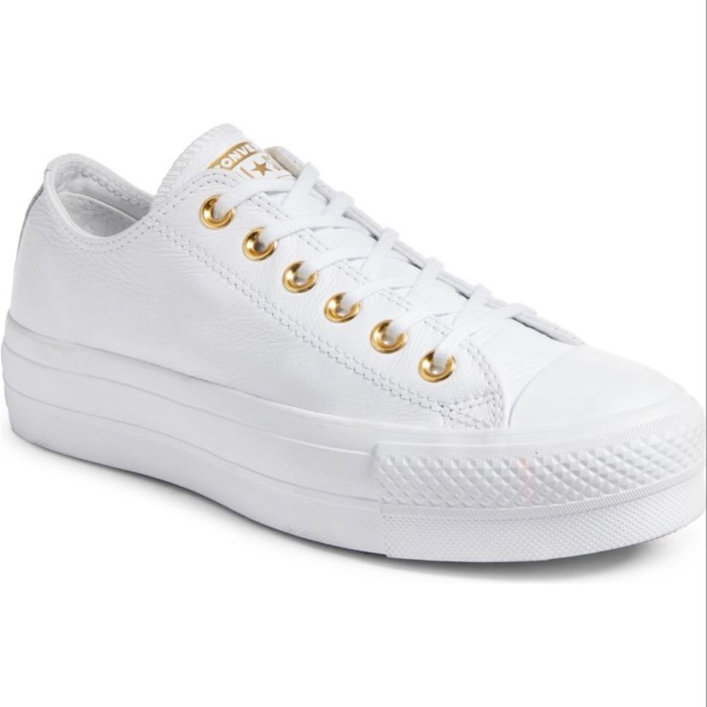 Chuck Taylor All Star Lift Low Top in White Leather with Gold Accents